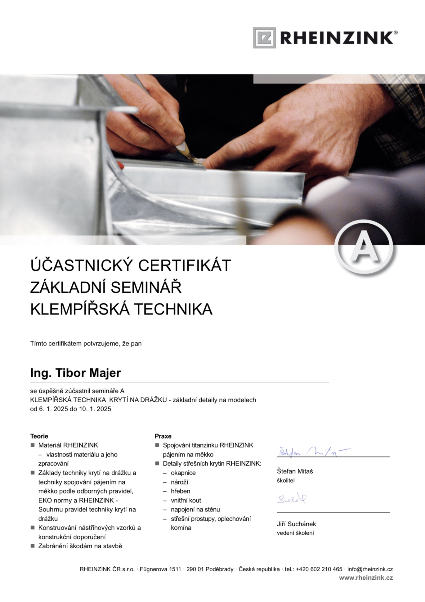 RHEINZINK účastnický certifikát - základní seminář - klempířská technika