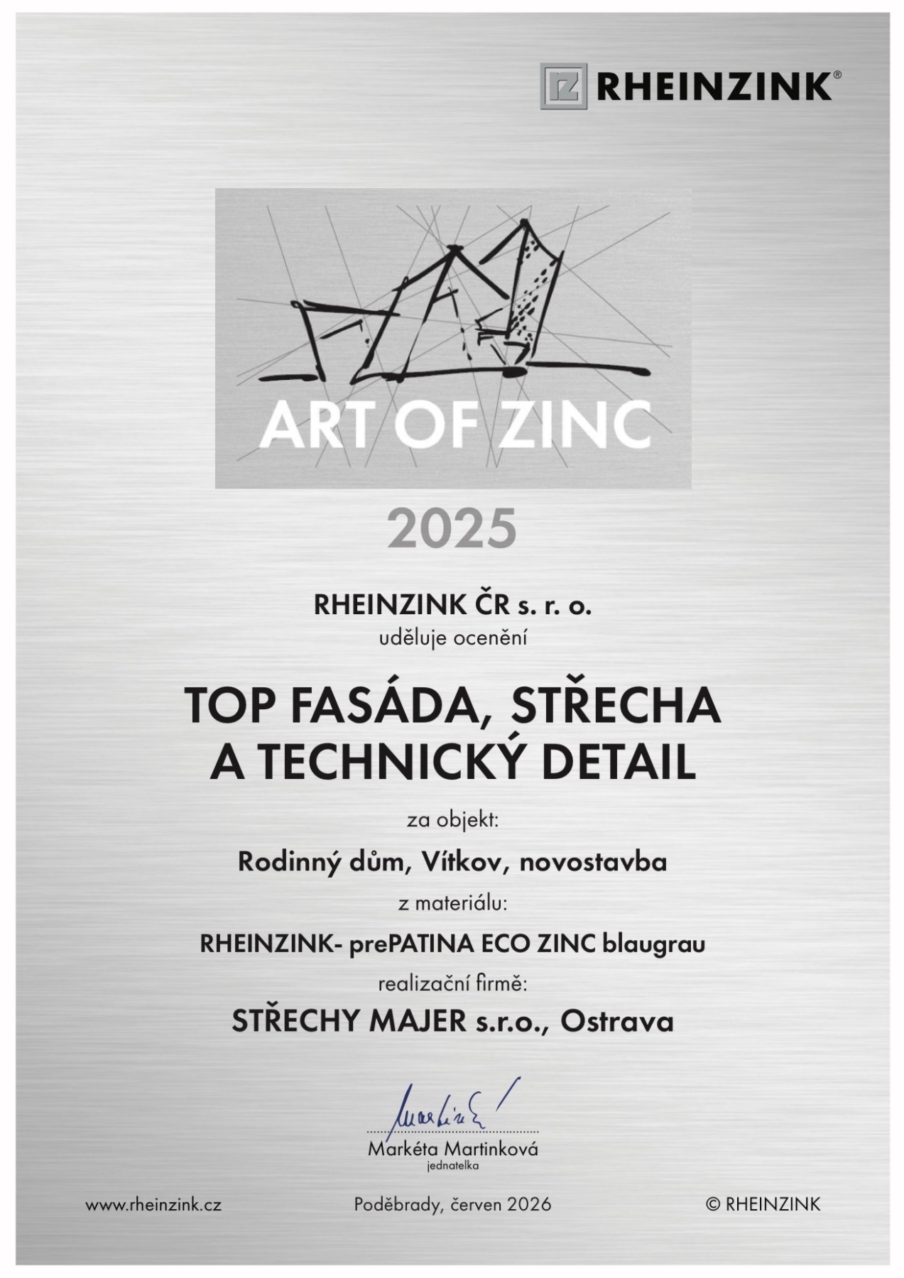 Art-of-Zinc-Auszeichnung für Dach und Fassade eines Einfamilienhauses in Vítkov